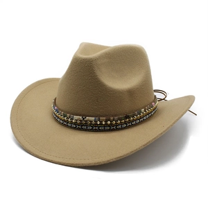 Khaki wool felt western cowboy hat with ethnic patterned band and gold studs