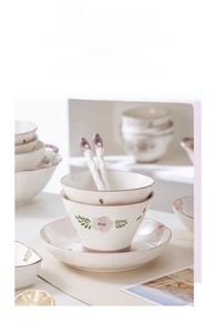 Detail of hand-painted underglaze ceramic tableware with purple floral patterns