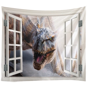 Detalle de tapiz decorativo 3D de alta definición con dinosaurio asomado a la ventana