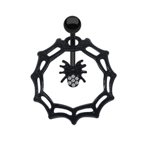 Detail of black spider web belly ring with sparkling rhinestone spider pendant