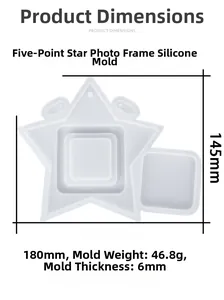 Star shaped silicone photo frame mold with dimensions showing 180mm by 145mm