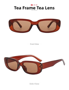 Front and side view of retro rectangular sunglasses with tea-colored frames and lenses
