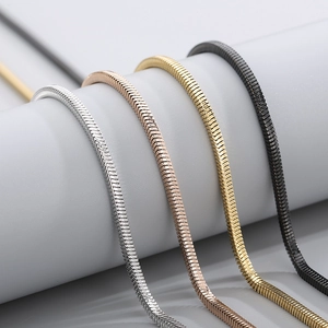 Flat snake bone chain necklaces in silver, gold, rose gold and black colors