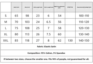 Detailed size chart for women's satin yoga shorts showing waist and hip measurements