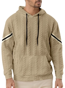 Close-up of khaki knit hoodie showing textured cable pattern and striped cuff details