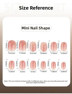Size chart showing dimensions for 24pcs mini square press-on nails in 12 different sizes