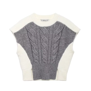 Women Sweater Vest Cable Knit Sleeveless Round Neck Color Block Casual Fall Winter Loose Pullover Knitwear Top