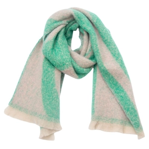Detail of green and beige striped textured scarf with soft fringe tassels on a white background