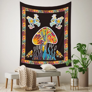 Detailed view of bohemian mushroom tapestry styled in a modern minimalist living room