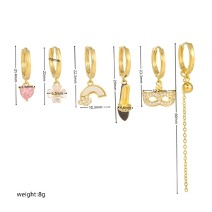 Detailed dimensions of six gold earrings including heart, high heel, and zircon designs