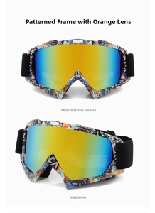 Detail of zebra pattern ski goggles with orange lenses from front and side view