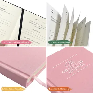 Pink linen gratitude journal with 100g premium paper and gold foil logo stamping