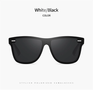 Close-up of stylish black polarized sunglasses with white frame accents and UV protection