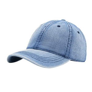 Unisex light blue washed denim baseball cap with curved brim and 6-panel design
