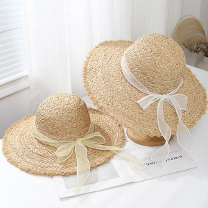 Chapeau De Soleil En Paille De Raphia À Bord Large Pour Femmes Avec Nœud En Organza Et Künstliche Perles Élégant Plage Vacances