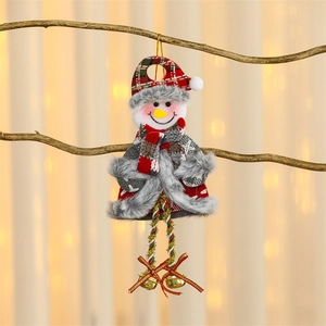 Close-up of a Christmas snowman plush ornament with knit hat, faux fur, and a metal bell