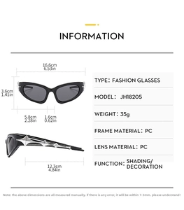 Detailed size specifications of black cat-eye sunglasses with silver star metal ornaments