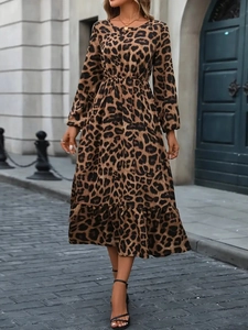 Elegant Leopard Print Midi Dress Polyester Lantern Sleeve Ruffle Hem Crew Neck Elastic Waist Casual Street Fashion For Women