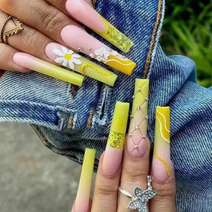 Long Coffin Press On Nails Yellow Pink Gradient 3D Daisy Flower Rhinestone Glitter Glossy Ballerina Fake Nails