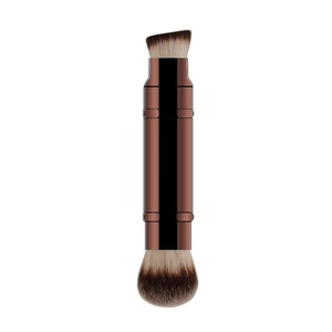 Dual-ended makeup brush with brown gradient bristles and metallic dark brown handle
