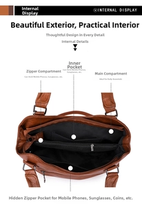Vue détaillée de l'intérieur du sac fourre-tout en cuir marron avec plusieurs compartiments