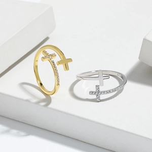 925 Sterling Silber Doppelkreuz Offener Ring Für Frauen Minimalistisch Verstellbar Zirkonia Eingelegt Modeschmuck