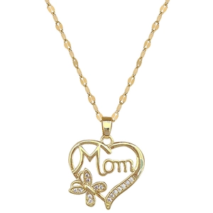 Luxury gold titanium steel necklace with Mom heart pendant and crystal butterfly detail