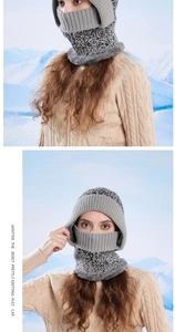 Detail of gray knitted 3-in-1 winter hat with fleece lining and integrated face mask