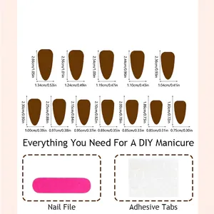 Size chart for 24pcs brown almond press on nails with zebra patterns and rhinestone details