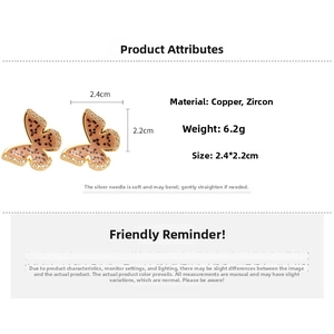 Detailed specs of leopard print butterfly earrings with cubic zirconia and gold plating