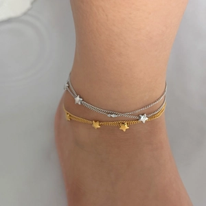 Double-layer stainless steel star anklet set in gold and silver finish for women