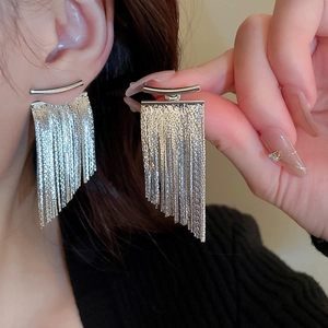 Close-up of silver tassel earrings with geometric metal chains on a model's ear