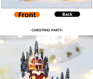 Detailed front and back view of a glowing miniature Christmas house with fake snow