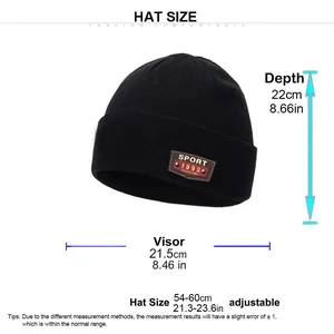 Detailed size guide for the black knit beanie with adjustable fit and leather patch