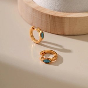French style 18K gold plated hoop earrings with turquoise stones in marquise cut