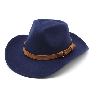 Detailed macro view of dark blue felt fedora with brown suede band and metal ring buckle