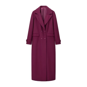 Manteau long en laine pour femme violet prune avec boutonnage croisé et col à revers chic