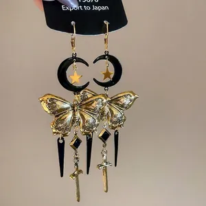 Boucles D'oreilles Pendantes Papillon Lune Étoile Gothique Avec Tige En Argent Sterling 925 Épée Vintage Dague Long Gland
