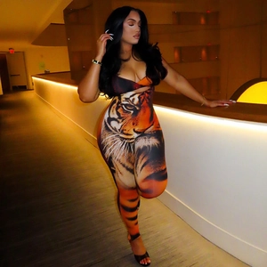 Women Tiger Print Jumpsuit Sleeveless Slim Fit Hollow Out Long Pants Streetwear Sexy High Elastic Polyester Bodysuit