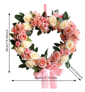 Detailed dimensions of heart-shaped rose wreath with 38cm height and 45cm width measurements