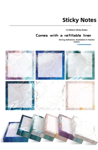 Detail of marble pattern sticky notes showing 12 designs with strong adhesive backing