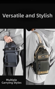 Close-up of waterproof nylon crossbody bag featuring multi-layer zippers and side mesh pocket