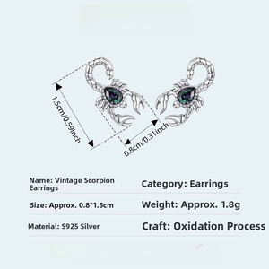 Detailed dimensions of 925 sterling silver scorpion earrings with pear-shaped gemstone