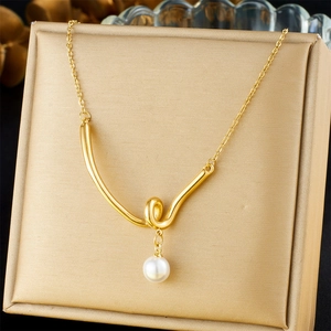 Stainless Steel Gold Plated Necklace For Women Elegant Knotted Twisted V-Shape Pendant With White Artificial Pearl Minimalist