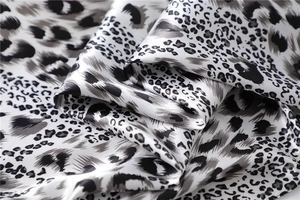 Detailed view of leopard print silk scarf fabric with glossy black and white texture