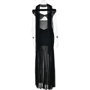 Detail of black mesh ruched dress featuring a sheer tiered skirt and strapless design