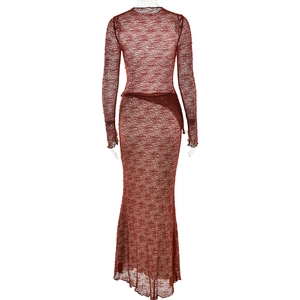 Rear view of sleek reddish-brown lace long sleeve mermaid dress on a mannequin