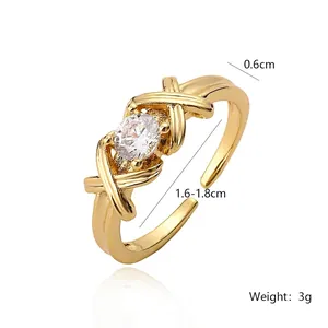 Minimalist gold-plated geometric open ring with shimmering zircon stones for women
