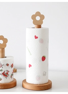 Vertical beech wood kitchen paper towel holder featuring a floral top and roll display