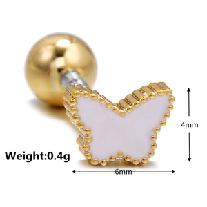 Macro shot of 0.4g gold butterfly stud earring showing 6mm by 4mm dimensions and screw back